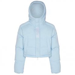 TRAPSTAR WOMENS DECODED 2022 HOODED PUFFER JACKET ICE BLUE